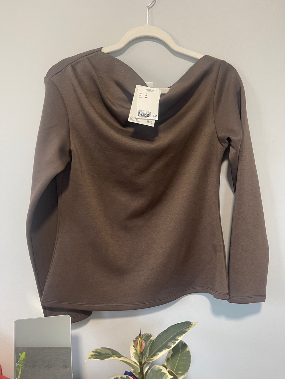 H&M Brown Long Sleeve Draped Neck Top